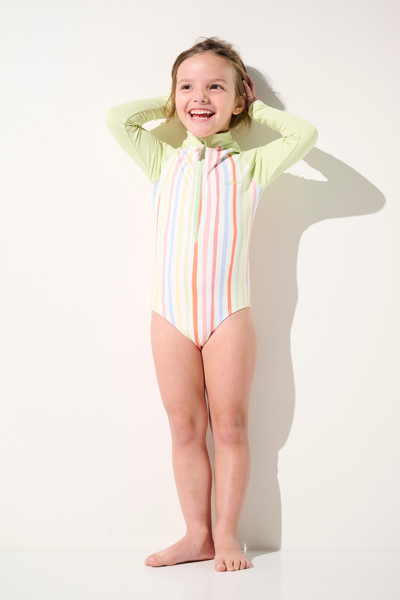 Maillot de bain anti-UV manches longues - Flores pour fille, rayé, léger, UPF 50+, idéal pour les activités aquatiques.