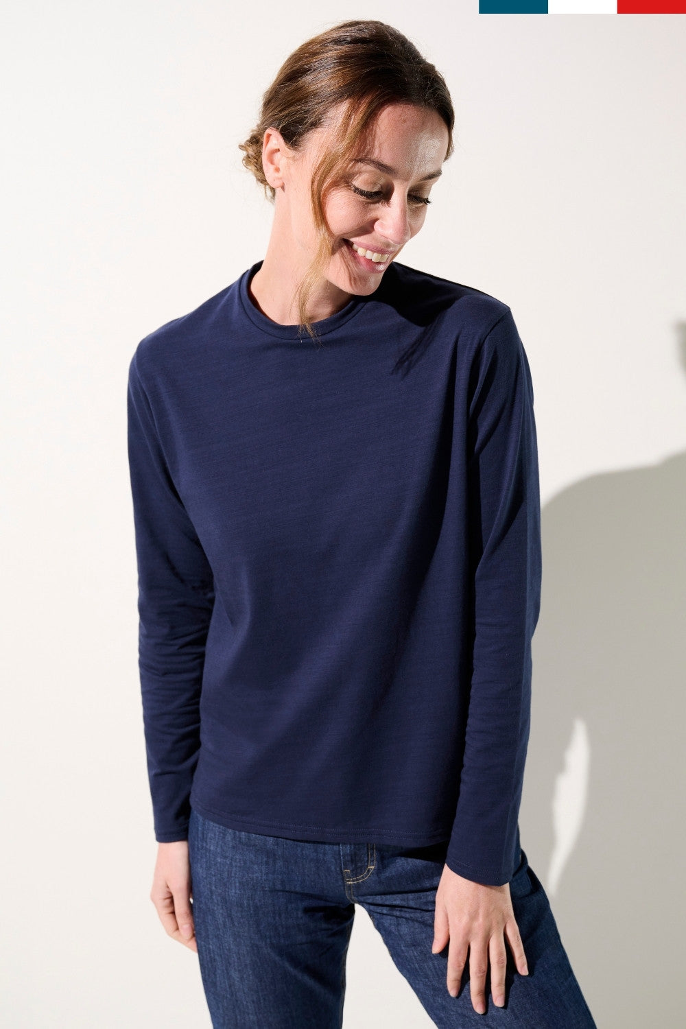 T-shirt anti-UV - La Rochelle, manches longues, bleu marine pour femme, UPF 50+, confortable et élégant.