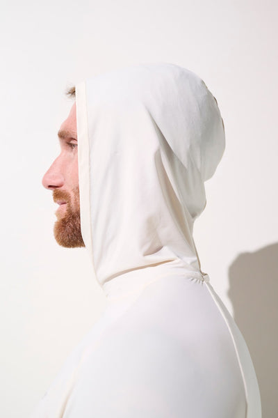 T-shirt anti-UV à capuche - Oasis, couleur blanche, manches longues pour homme, protection solaire UPF 50+.