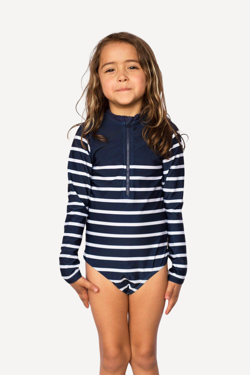 Maillot anti-UV à rayures pour fille, avec zip, UPF50+, idéal pour la protection au soleil.