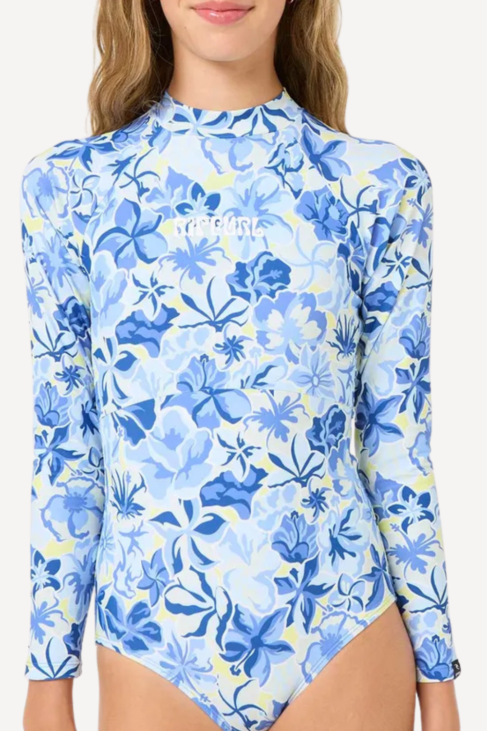 Maillot de bain anti-UV pour fille, imprimé floral bleu, UPF 50+, parfait pour les sports aquatiques.