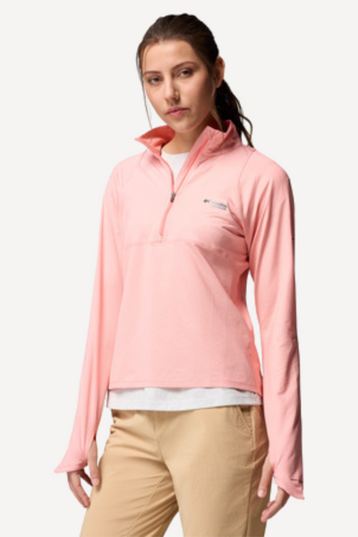 Haut anti-UV rose pour femme, léger et respirant, avec protection solaire UPF 50+, parfait pour les activités de plein air.