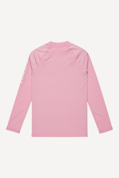 T-shirt de bain anti-UV rose pour enfants, manches longues UPF 50+, idéal pour activités aquatiques en toute sécurité.
