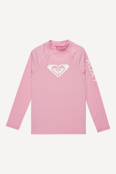 T-shirt de bain anti-UV rose pour fille, manches longues, UPF 50+, idéal pour les activités aquatiques.