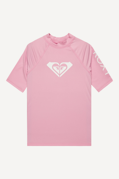 T-shirt de bain anti-UV rose pour fille, léger et UPF50+, idéal pour la plage et les activités aquatiques.